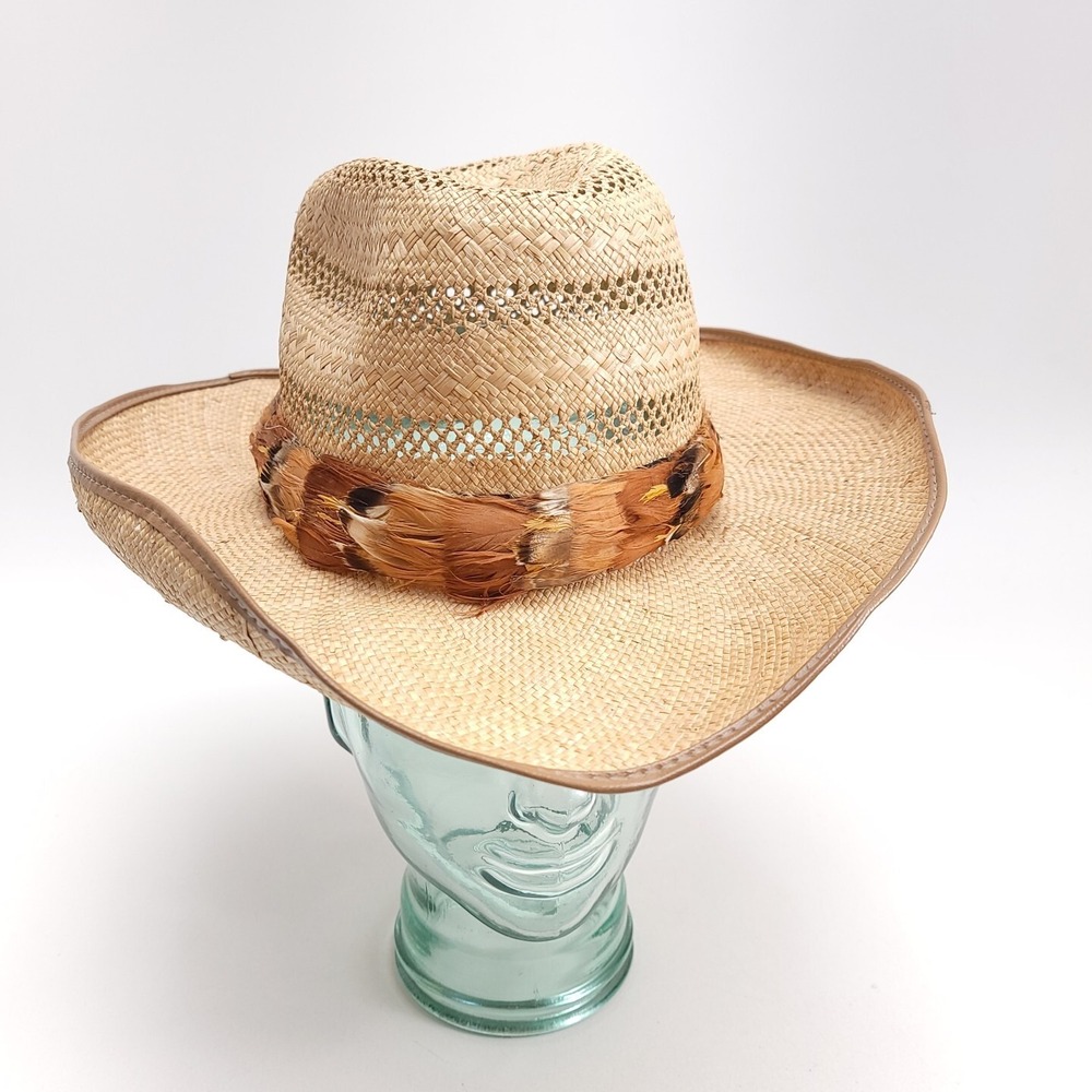 Woven Straw Western‎ Sun Hat Women's Small Feather Band Wire Rim Swiftie Outfit - Picture 1 of 8